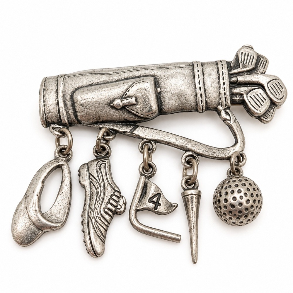 Vintage JJ Jonette Jewelry Silver Tone Golf Bag Dangle Charm Brooch Pin